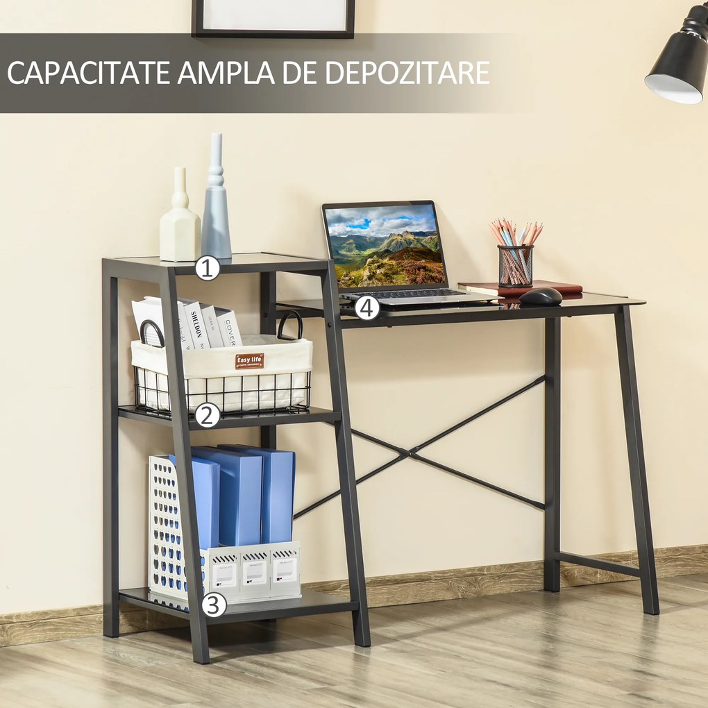HOMCOM Birou pentru camera si birou cu raft 3 rafturi, birou modern din sticla si metal, 126x45x86.7cm, negru