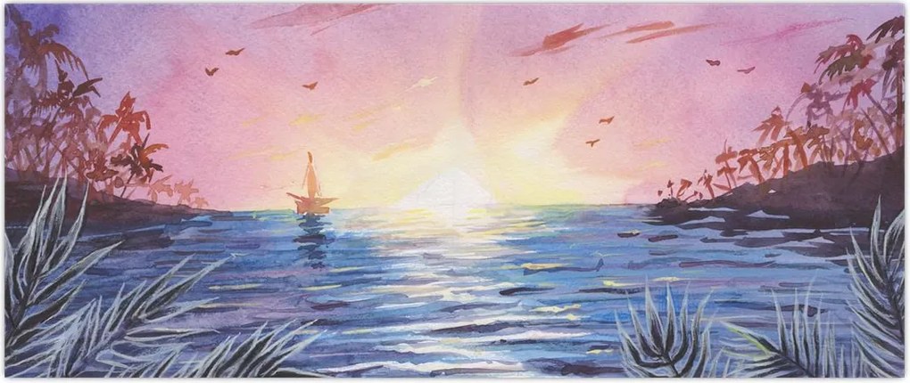 Tablou - Apus de soare deasupra apei, aquarelă (120x50 cm)