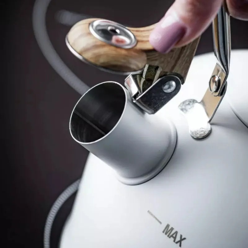 Ceainic cu fluier Kinghoff KH 1860, 2.5 l, Inductie, Maner din lemn, Alb