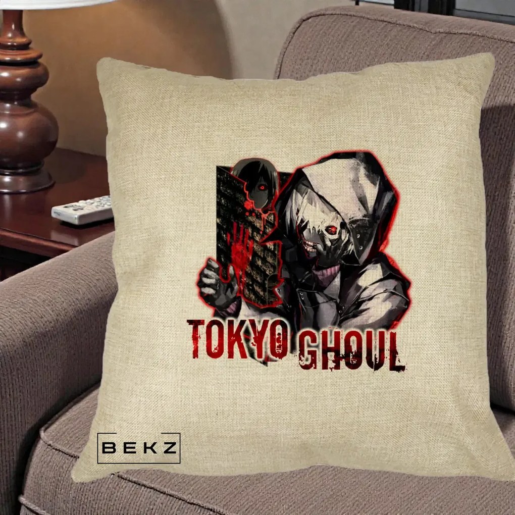 Perna Personalizata Tokyo Ghoul Ken Kaneki Anime, 40x40 cm, Crem, Husa Detasabila, Perna Inclusa, BEKZ®