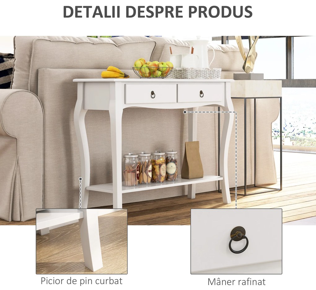 HOMCOM Consolă pentru Hol cu Raft Depozitare și Design Modern, 100x33x75 cm, Alb | Aosom Romania