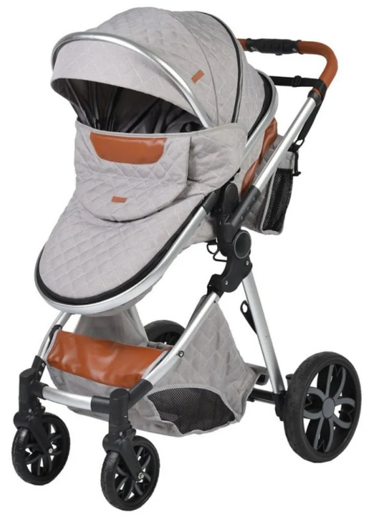 Carucior nou nascuti 2 in 1 NOVOKIDS™ Alma Gold PRO , Cu geanta bebe, Cadru Aluminiu , Amortizoare, Roti din cauciuc plin AVE, Landou, Modul sport,