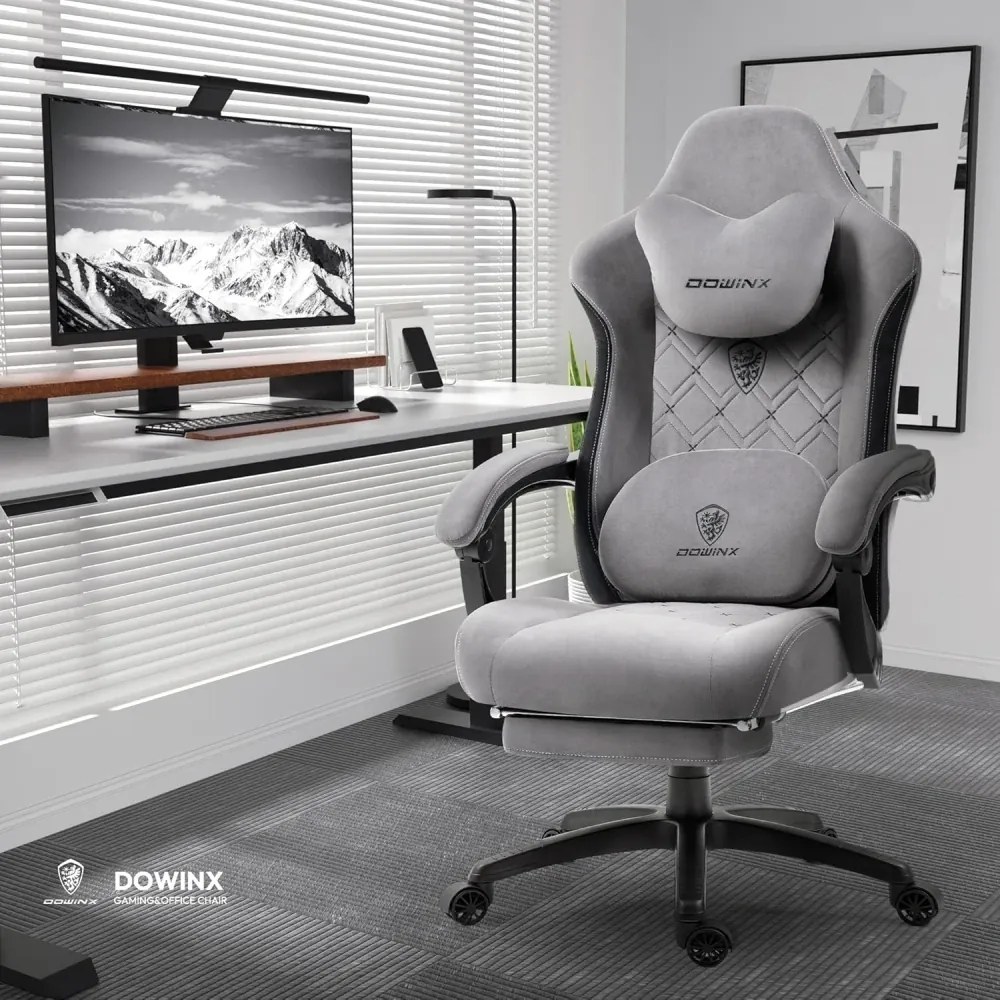 RESIGILAT- DOWINX Scaun gaming, ergonomic, Incalzire si Masaj cu Role in perna lombara, Șezut cu Arcuri Metalice și Spumă, rabatabil 90°-135°, Suport picioare, rezistent 150 kg, material textil, Gri