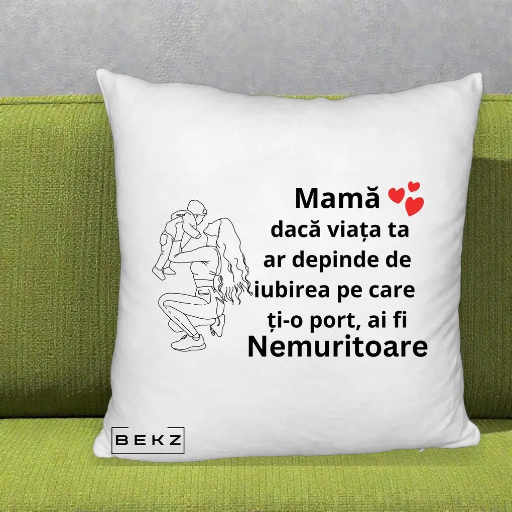Cadou pentru Mama - Perna Personalizata Mama Nemuritoare Portret Graphic, 40x40 cm, Alb Pufos, Husa Detasabila, Perna Inclusa, BEKZ®