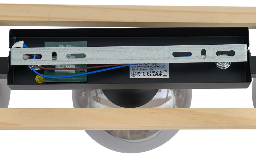 Plafonieră modernă neagră cu lemn și sticlă fumurie cu 3 lumini - Aleks