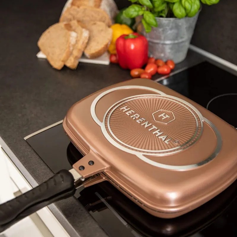 Tigaie grill dubla HERENTHAL HT-CDF32M, 32cm, Marmura, Copper