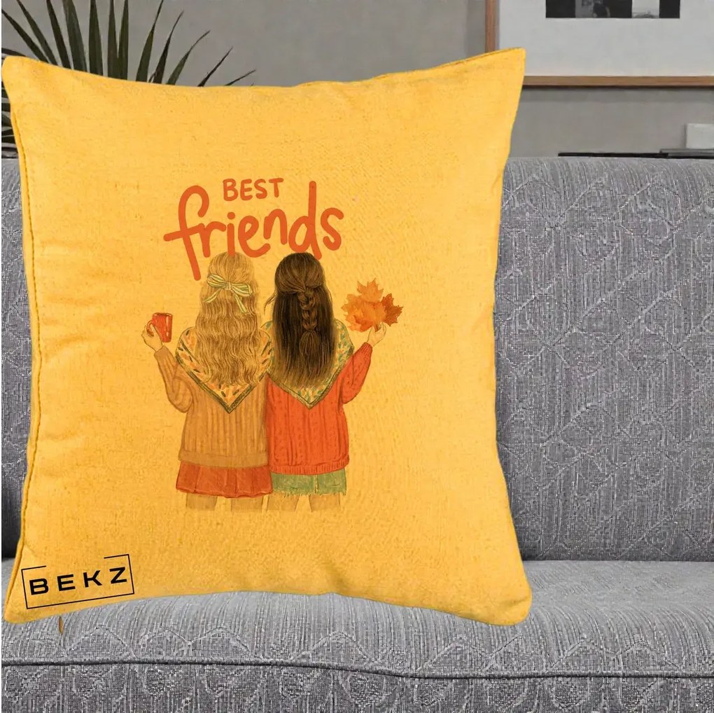 Cadou pentru Prieteni - Perna Personalizata Best Friends Toamna, 40x40 cm, Galben, Husa Detasabila, Perna Inclusa, BEKZ®