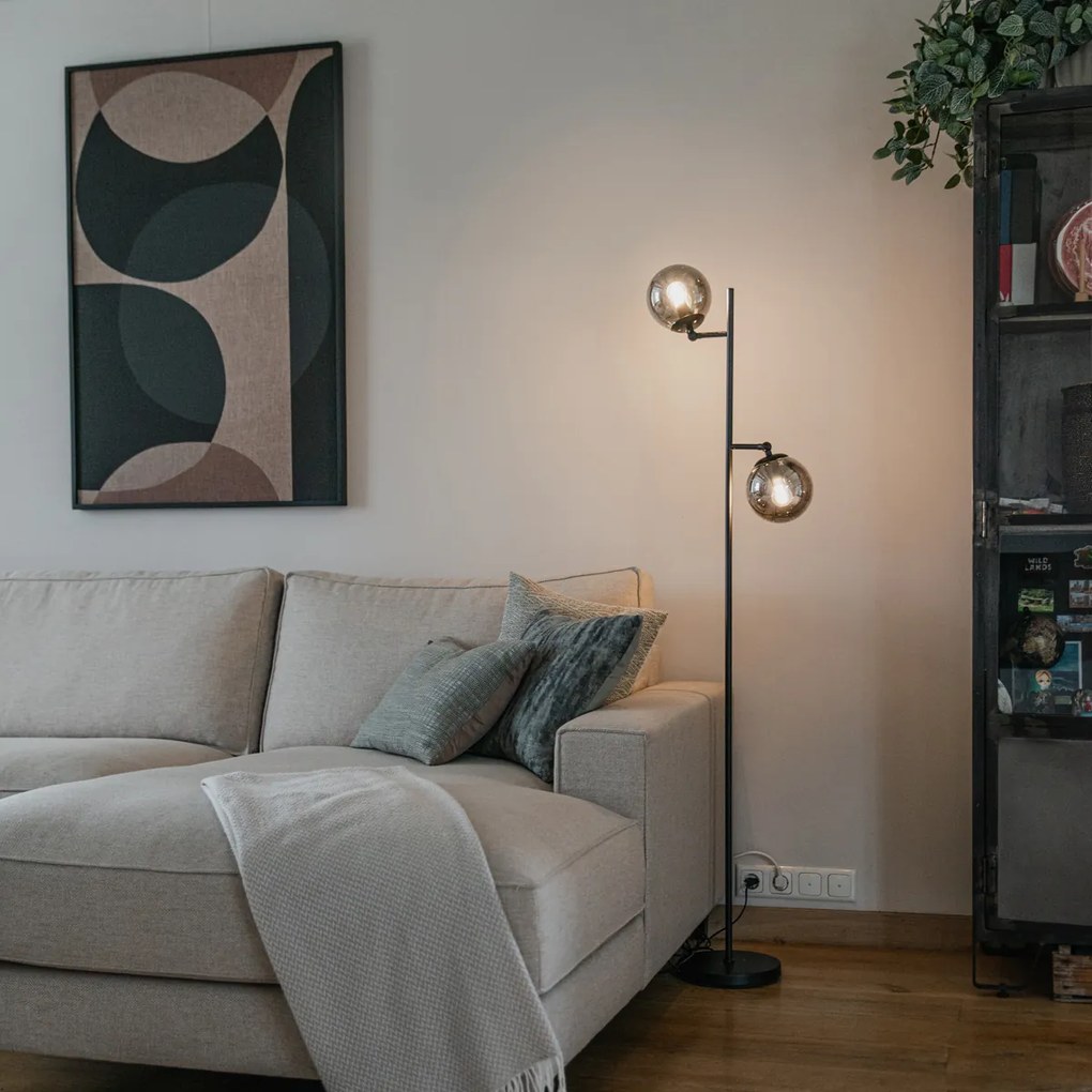 Lampă de podea Art Deco neagră cu sticlă fumurie cu 2 lumini - Pallon