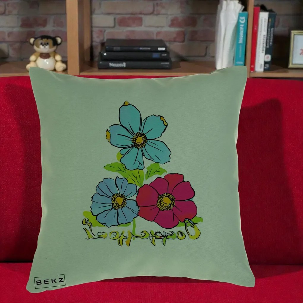Perna Decorativa Trei Flori Grafice Pop Art, 40x40 cm, Verde, Husa Detasabila, Perna Inclusa, BEKZ®
