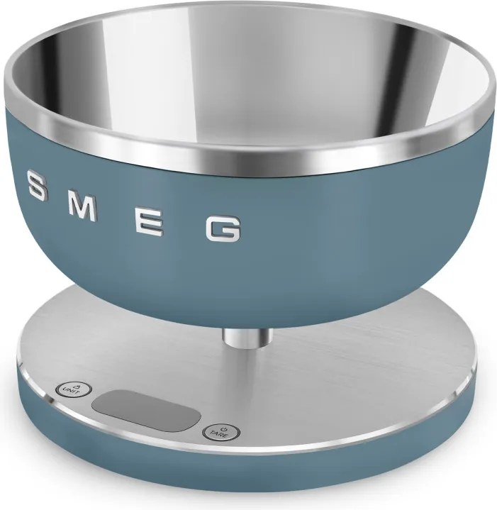 Cantar de bucatarie Smeg Collezione KSC01SBMWW, Pana la 5 kg/5 l, Functie TARA, Afisaj LED, Baza antiderapanta, Baterie reincarcabila, Albastru cenusiu