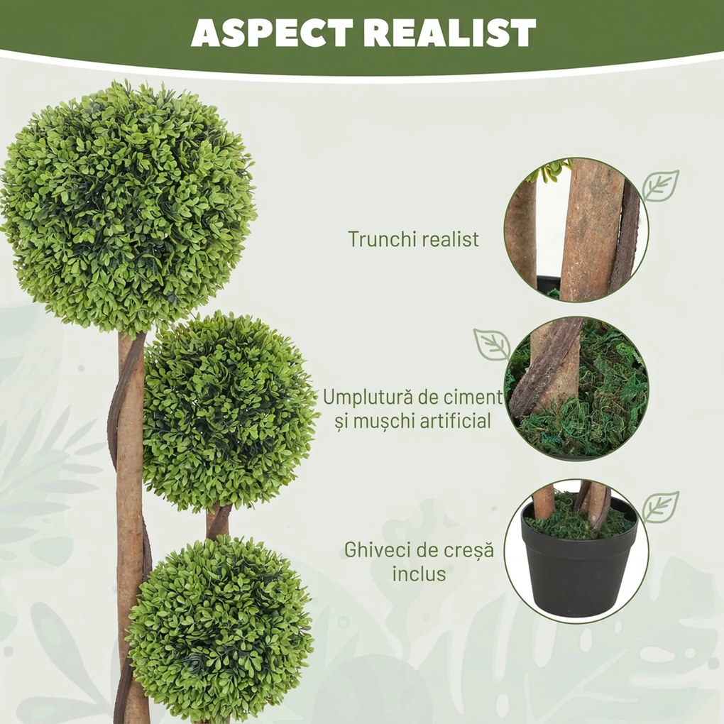 HOMCOM Set 2 Plante Artificiale de Buxus cu 3 Sfere, cu Ghiveci și Fund Întărit, Înălțime 90 cm, pentru Interior și Exterior | Aosom Romania
