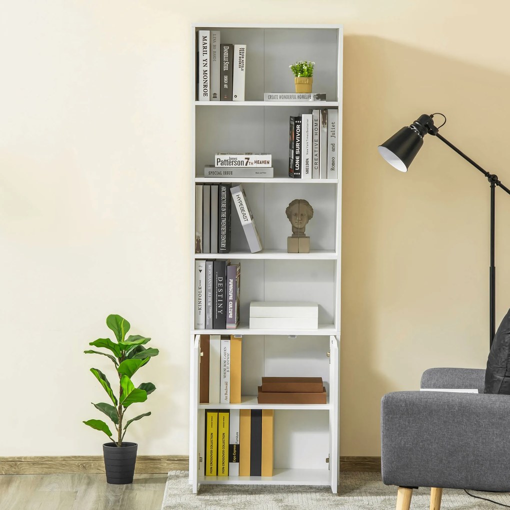 Biblioteca Moderna HOMCOM 4 Etajere cu Dulapior din Lemn cu 2 Usi, Mobilier Multifunctional pentru Living si Birou 59x29x180cm, Alba | Aosom Romania