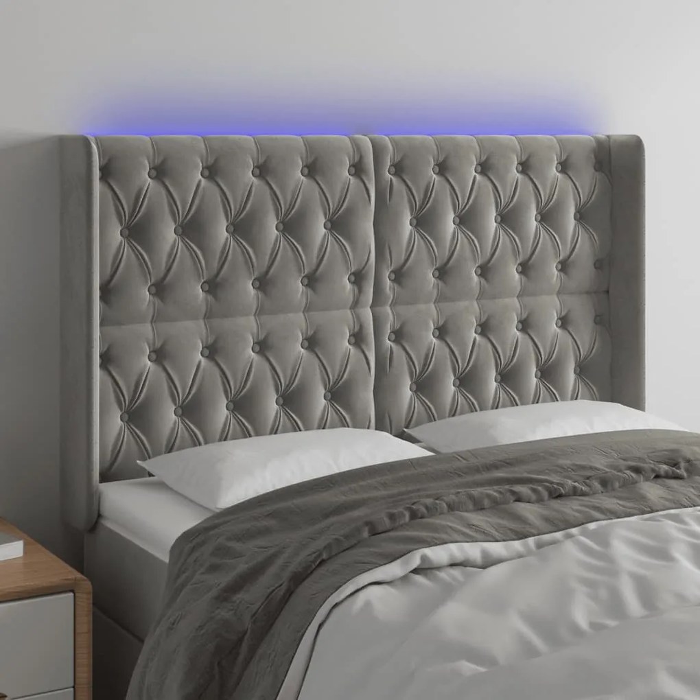 vidaXL Tăblie de pat cu LED, gri deschis, 163x16x118/128 cm, catifea