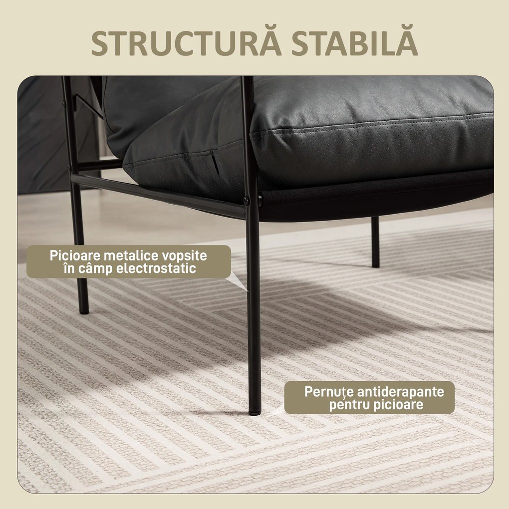 HOMCOM Fotoliu de Sufragerie din Piele PU și Cadru Metalic cu Perne Groase, 74.5x75x77 cm, Gri Antracit | Aosom Romania
