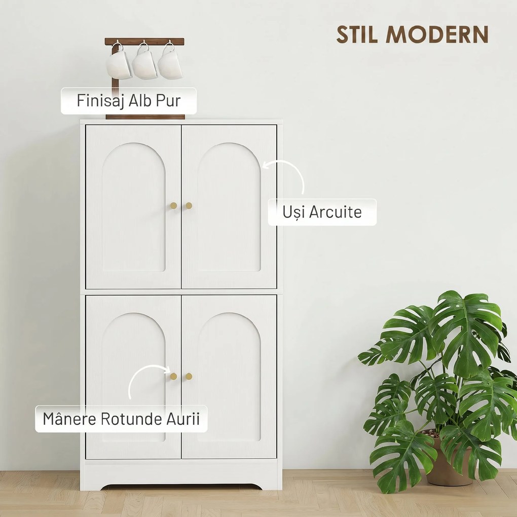 HOMCOM Comodă Bucătărie, Dulap Bucătărie cu 2 Dulapuri, 4 Uși Arcuite, 2 Rafturi Reglabile, cu Dispozitiv Anti-Răsturnare, 60x30x110 cm, pentru Sala de Masă, Living, Alb | Aosom Romania