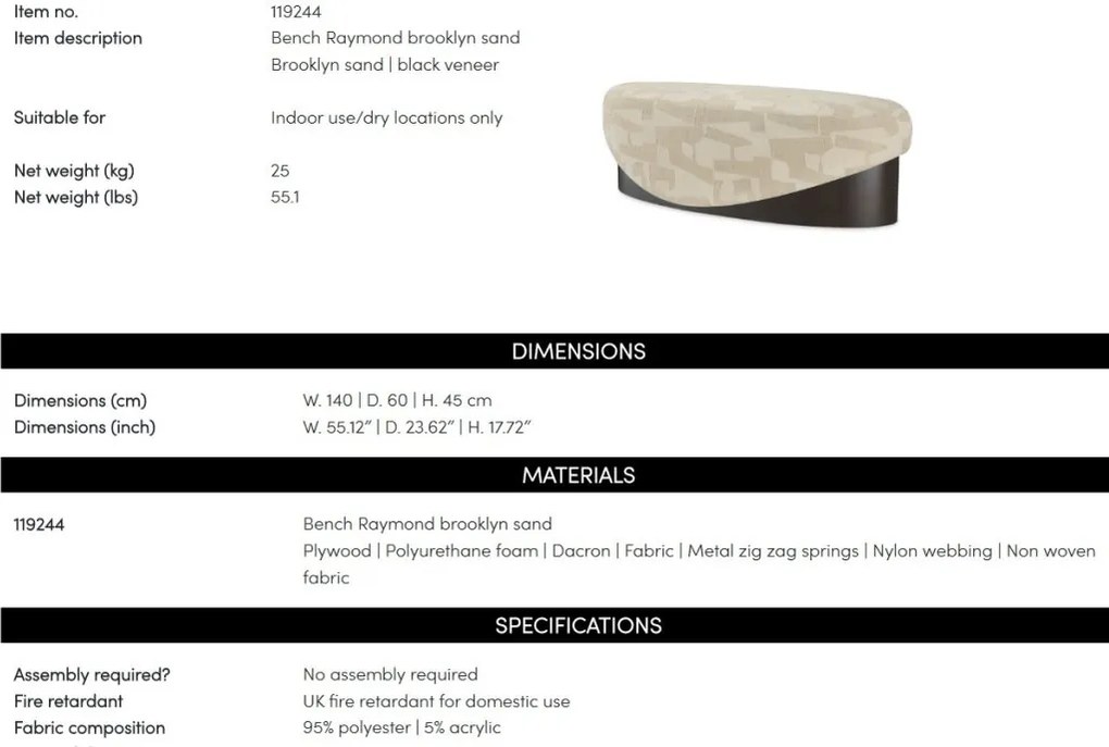 Bancheta eleganta design LUX Raymond, Brooklyn sand