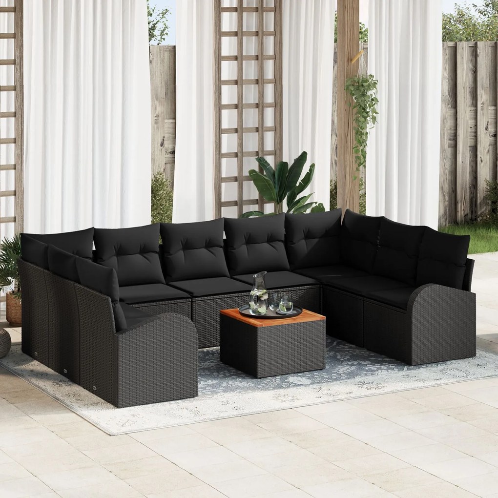 vidaXL Set de canapea de grădină , 10 piese cu perne, din rattan negru și acacia