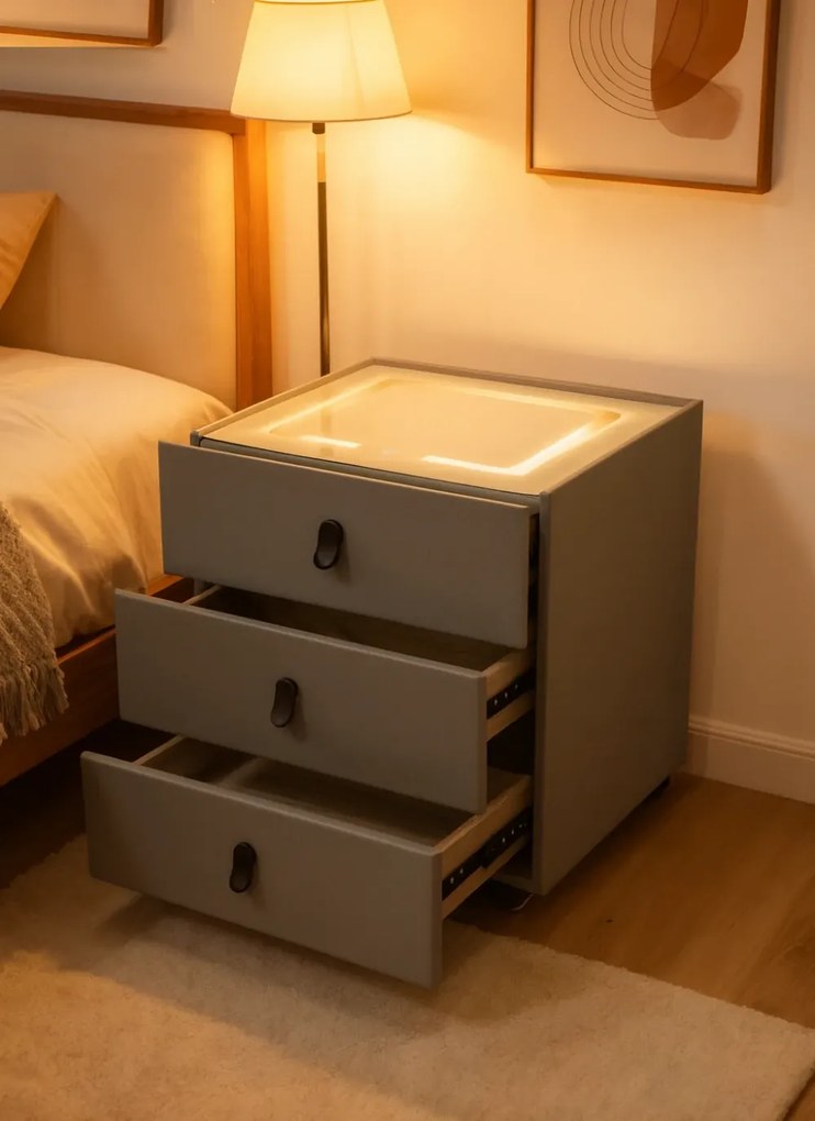 Noptieră inteligentă, încărcare Wireless și port USB+USB C, 3 sertare, 3 tipuri de iluminare LED touch, 3 tipuri de culoare, sticla securizata, Gri