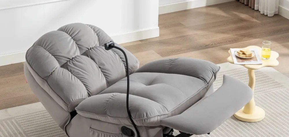 Fotoliu Recliner, suport picioare extensibil, suport telefon, Textil, Gri