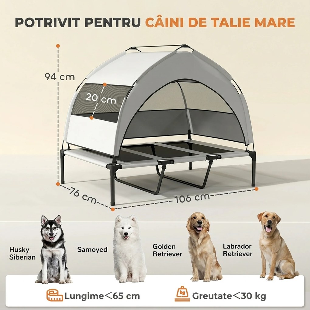 PawHut Pat pentru Câini cu Copertină Detașabilă pe 3 Laturi, din Poliester și Oțel, 106x76x94 cm, Gri Deschis și Negru | Aosom Romania