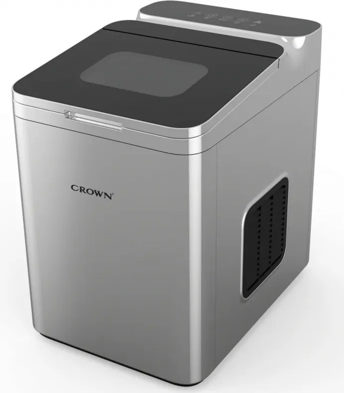 Masina de facut gheata Crown ICM-625S, 112 W, 12 kg/24 h, 1,5 l, 2 dimensiuni, Autocuratare, R600a, Indicatori, Otel inoxidabil