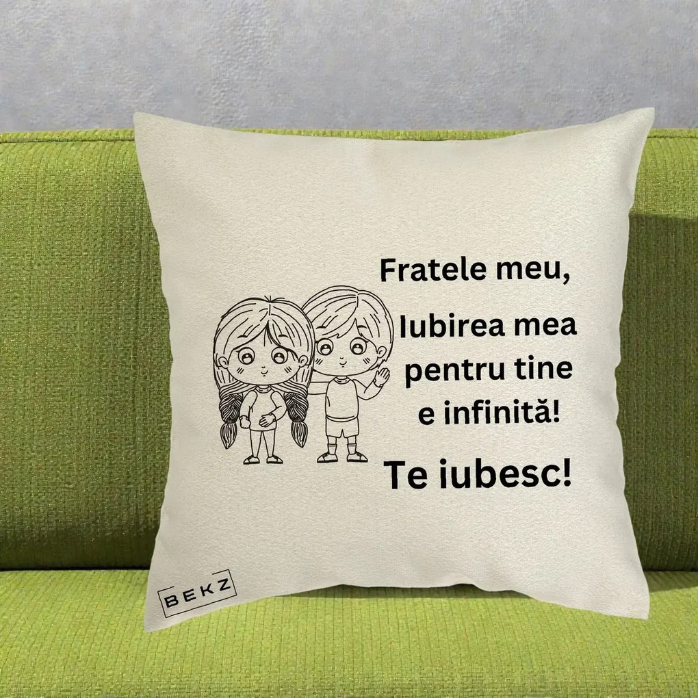 Cadou pentru Frate - Perna Personalizata Fratele Meu Te Iubesc Copii Anime Line Art Negru, 40x40 cm, Ecru, Husa Detasabila, Perna Inclusa, BEKZ®