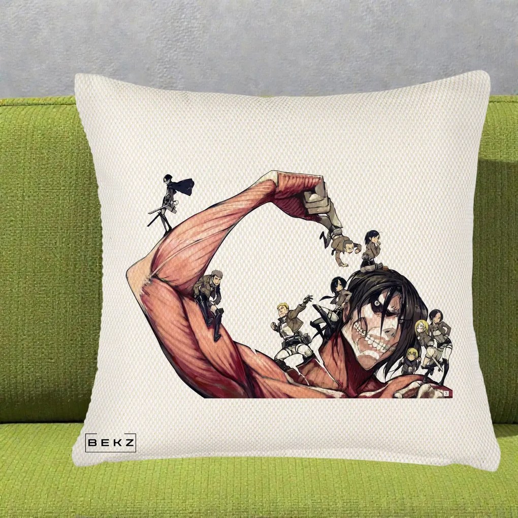 Perna Personalizata Attack on Titan Eren Titan Grup, 40x40 cm, Crem Reliefat, Husa Detasabila, Perna Inclusa, BEKZ®