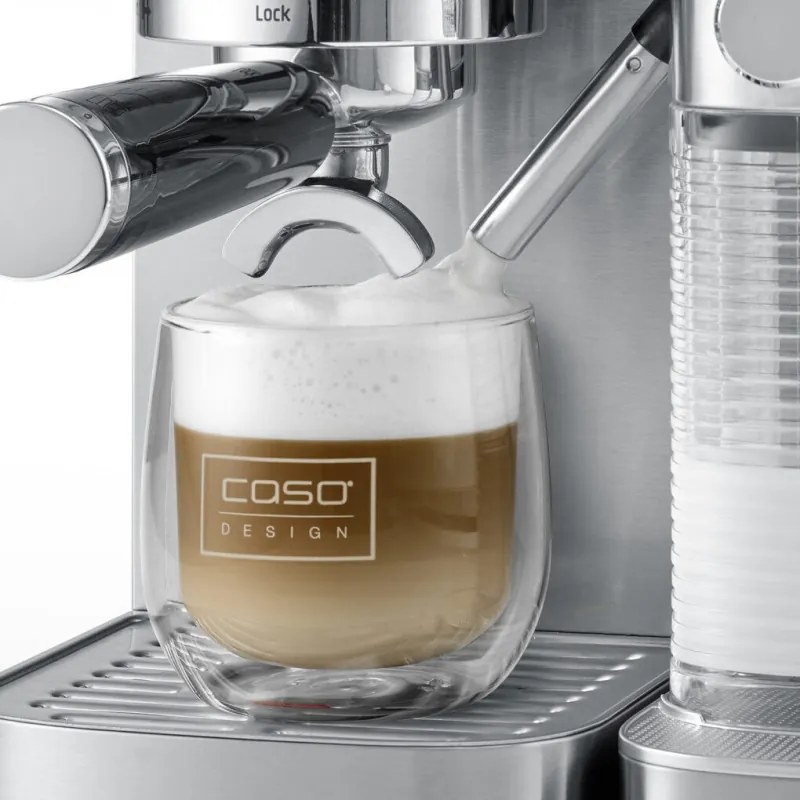 Espressor manual Caso Gourmet Latte, 1350 W, 20 bari, 1,3 l, ULKA, 6 programe, Cafea macinata si paduri ESE, Portafiltru, Spumare lapte cu rezervor incorporat, Otel inoxidabil