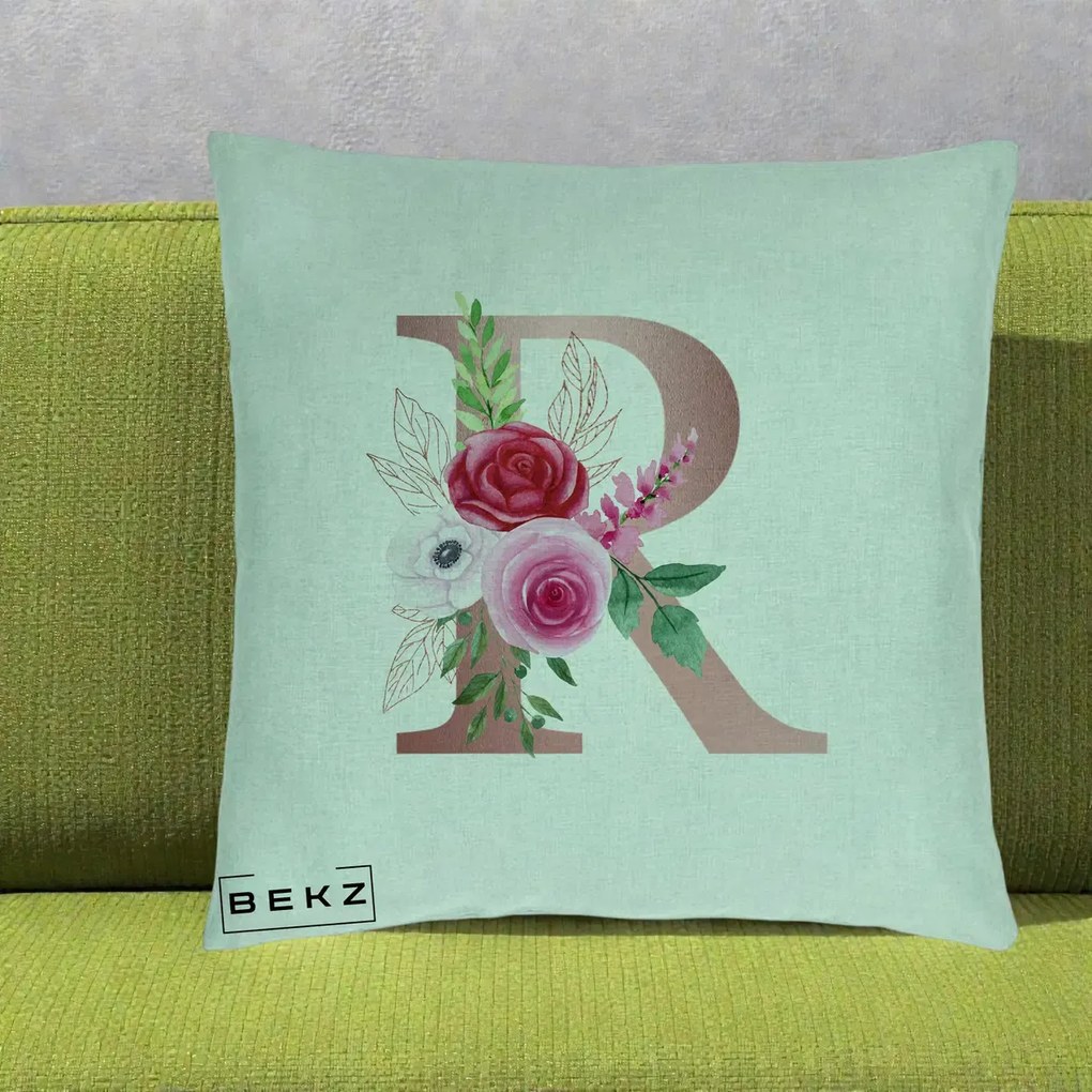 Cadou Personalizat - Perna Personalizata Monograma Rose Gold Litera R, 40x40 cm, Verde Menta, Husa Detasabila, Perna Inclusa, BEKZ®