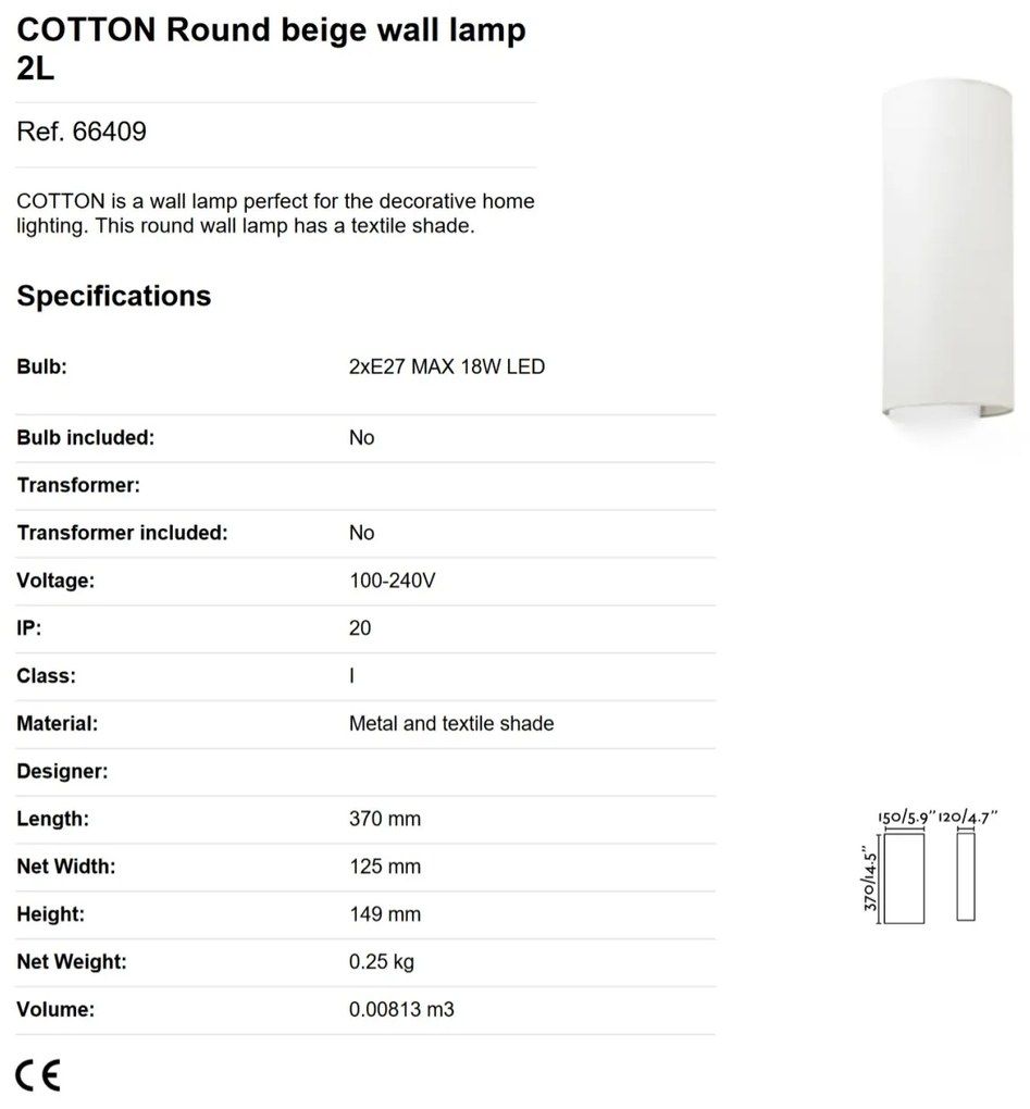 Aplica de perete ambientala design modern COTTON Round 2L bej