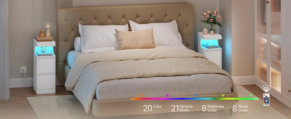 NOA79 - Set 2 Noptiere, 24 cm, foarte inguste, cu LED, 2 Sertare si Raft - Alb