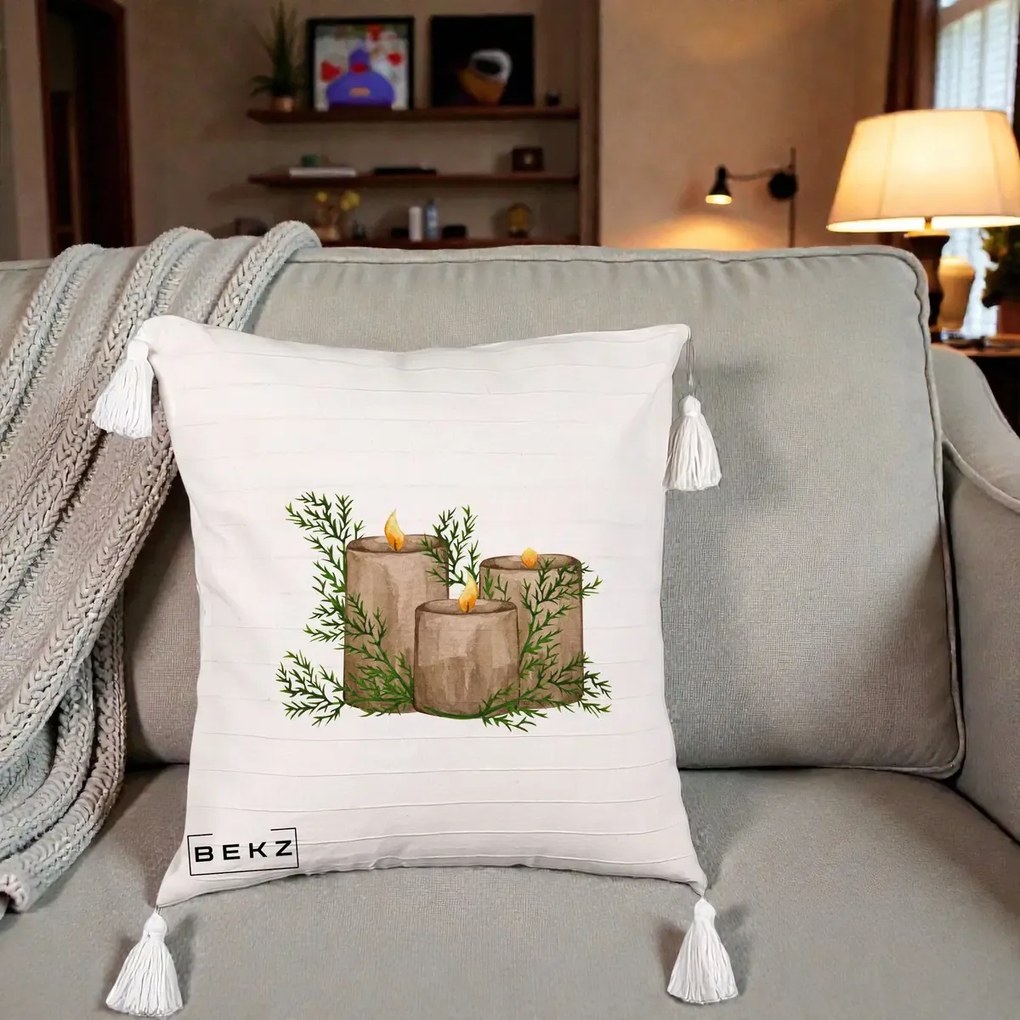 Perna Decorativa Lumanari Rustice cu Crengute Brad, 40x40 cm, Bej cu Franjuri, Husa Detasabila, Perna Inclusa, BEKZ®