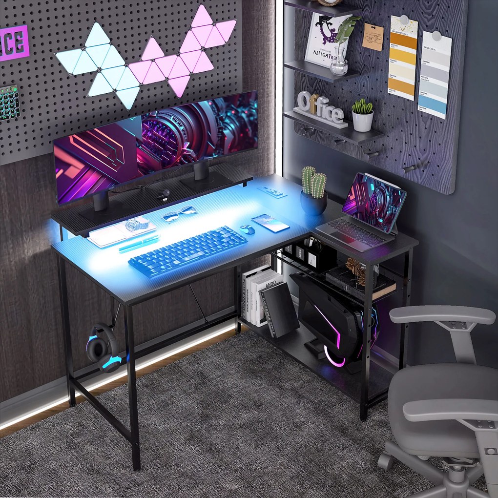 HOMCOM Birou de Gaming în Formă de L cu Lumini LED, Birou de Colț Reversibil cu Rafturi de Depozitare, 107x80x90 cm, Negru | Aosom Romania