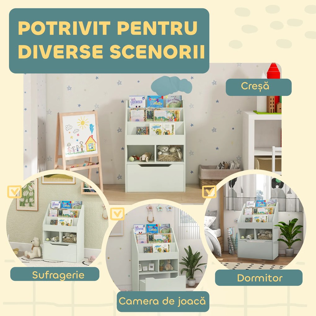 HOMCOM Bibliotecă pentru Copii cu Rafturi și Sertar, Raft Mobil pentru Jucării și Cărți, Dimensiuni 60x29.9x90 cm, Verde Strălucitor | Aosom România