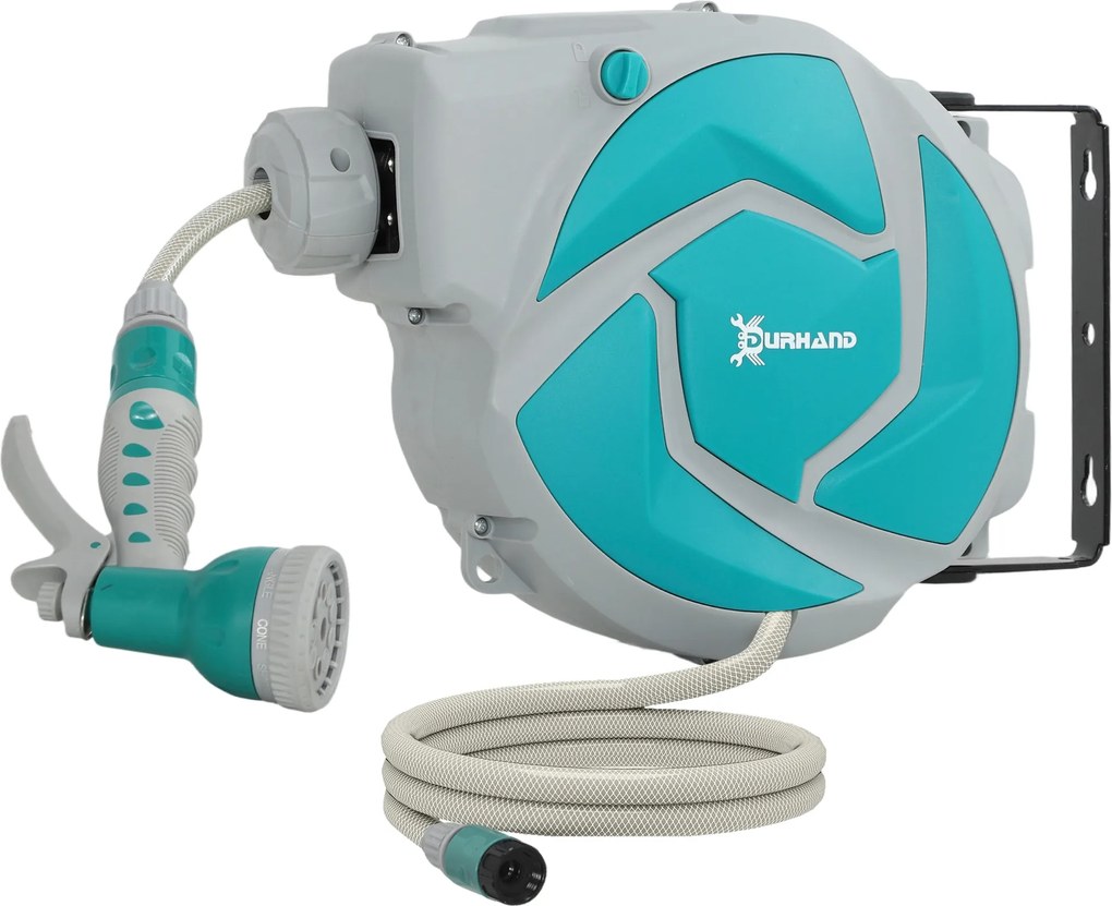 DURHAND Furtun retractabil de perete cu tambur 10+1 m, retractare automată și cap cu 7 funcții, rotativ 180° | Aosom Romania