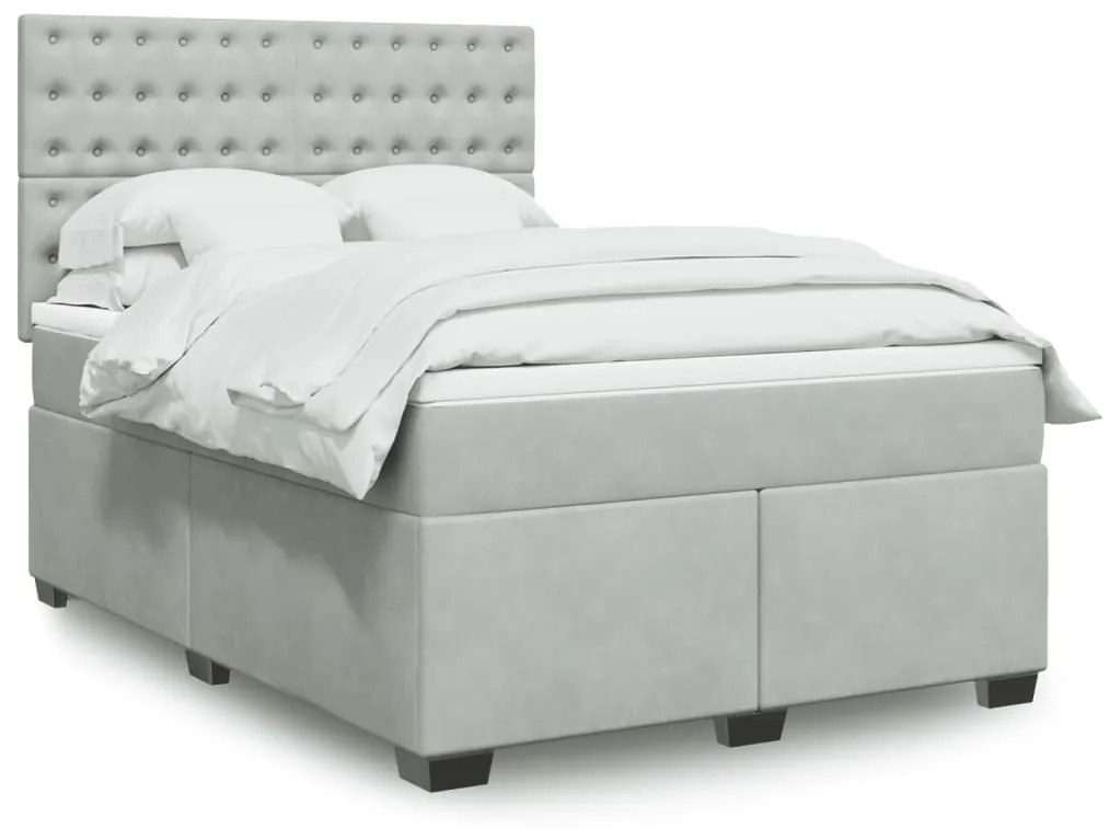 vidaXL Pat box spring cu saltea, gri deschis, 140x190 cm, catifea
