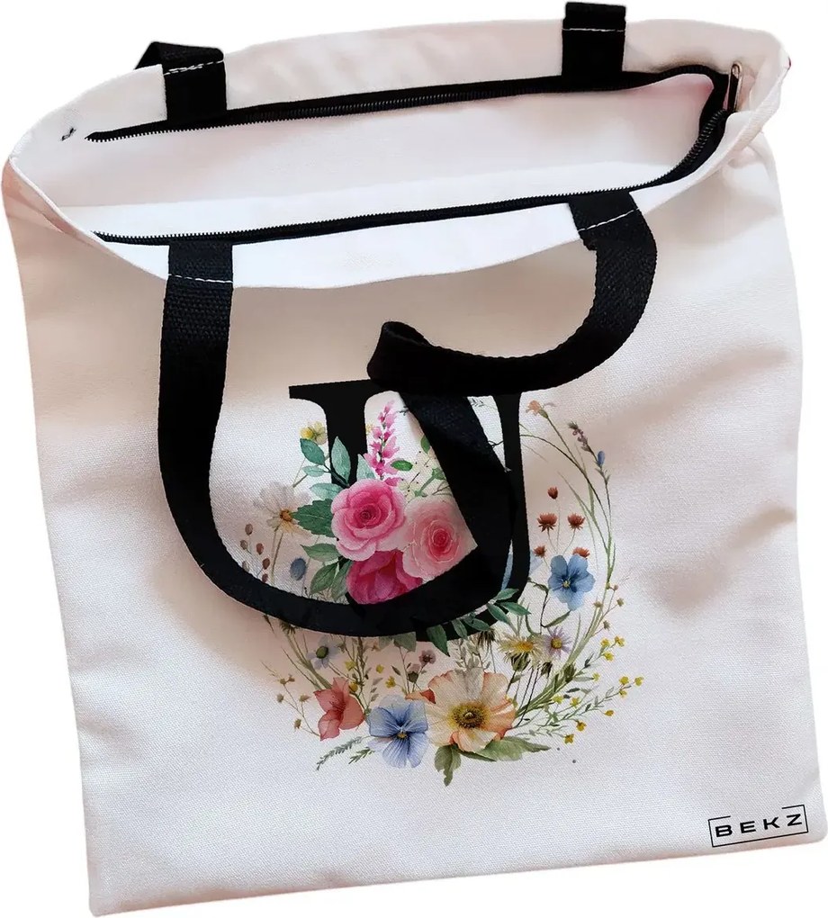 Sacosa de Panza pentru Cumparaturi, Geanta Tote, Cu litera U in Coronita Florala, Cu fermoar, 38x34.5 cm, Alba, BEKZ®