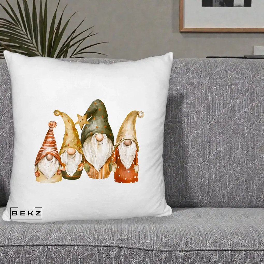 Perna Decorativa Gnomi de Craciun Patru, 40x40 cm, Alb Pufos, Husa Detasabila, Perna Inclusa, BEKZ®