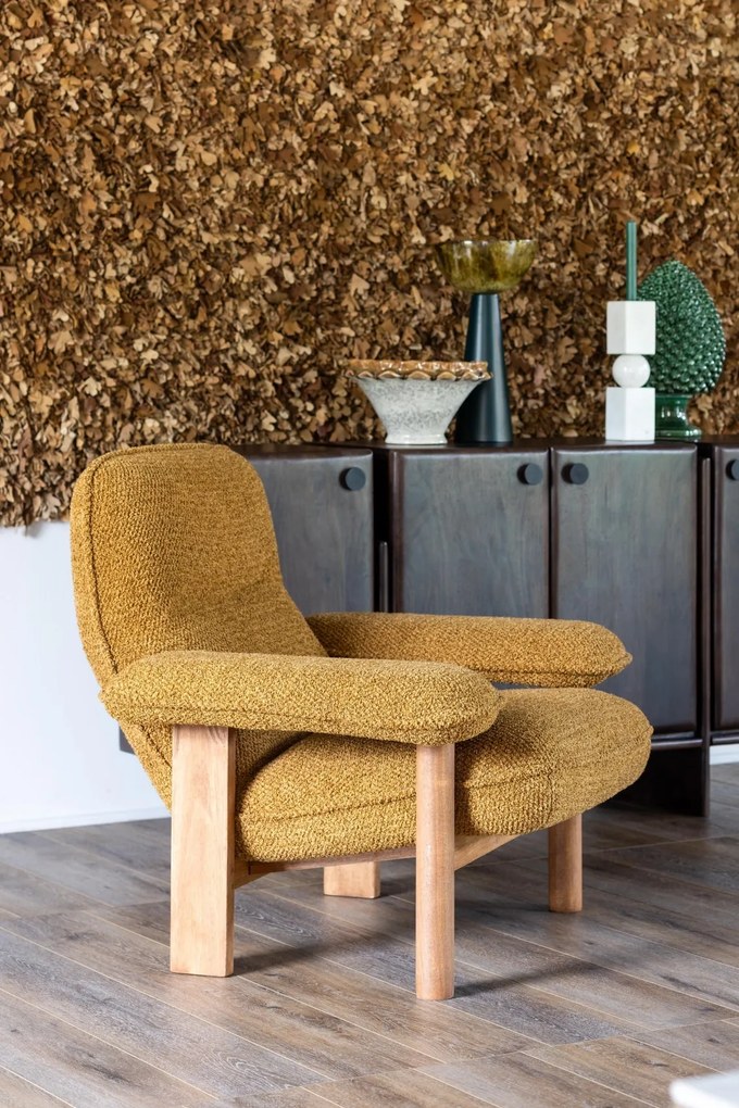 Fotoliu din stofa boucle si cadru din lemn masiv, design retro, 82,5×96×86,5 cm, „Biskit"