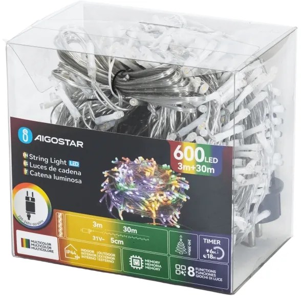 Aigostar - Ghirlandă de Crăciun LED RGBY pentru exterior, 600xLED/6W/230V, 30m, IP44