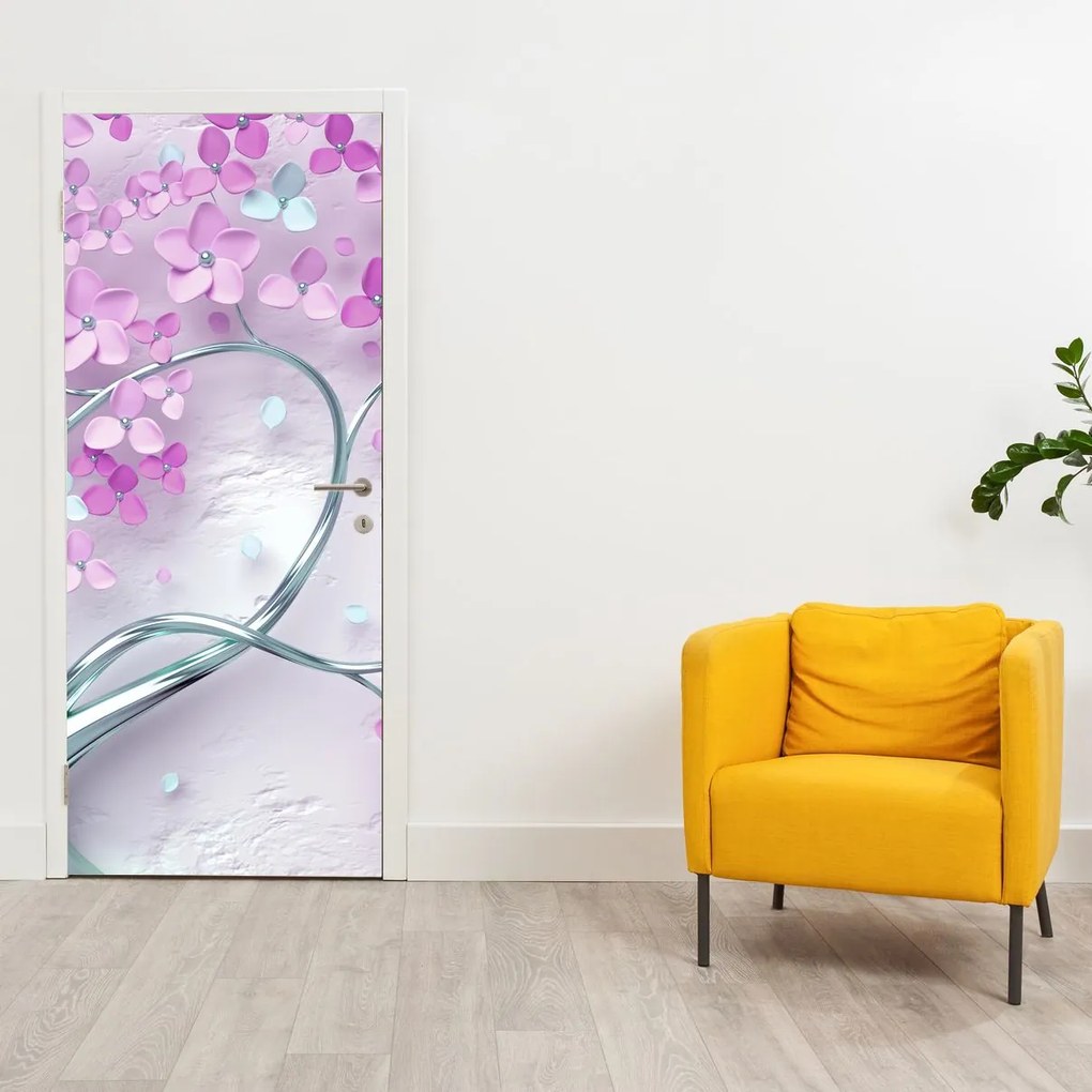 Fototapet pentru ușă - Flori pe trunchi arguntiu abstract (95x205cm)