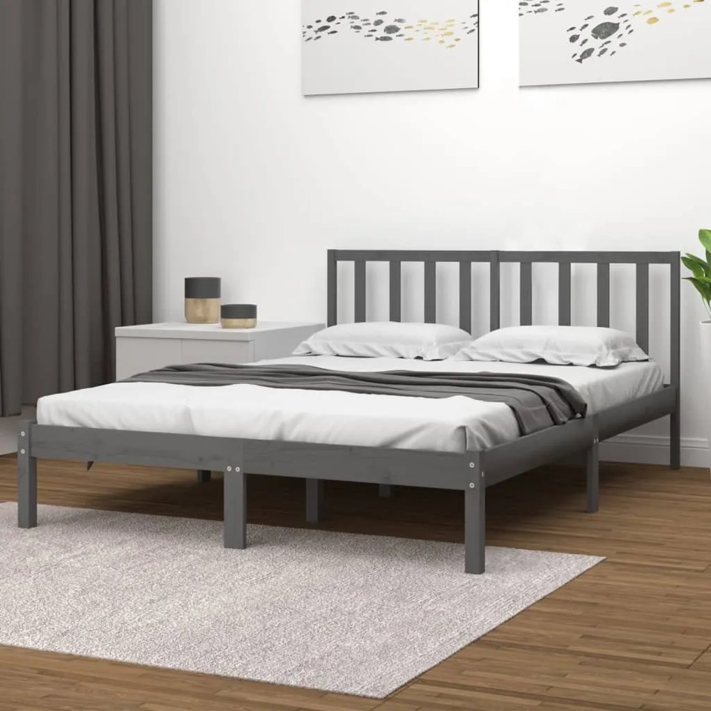 vidaXL Cadru de pat dublu, gri, 135x190 cm, lemn masiv de pin