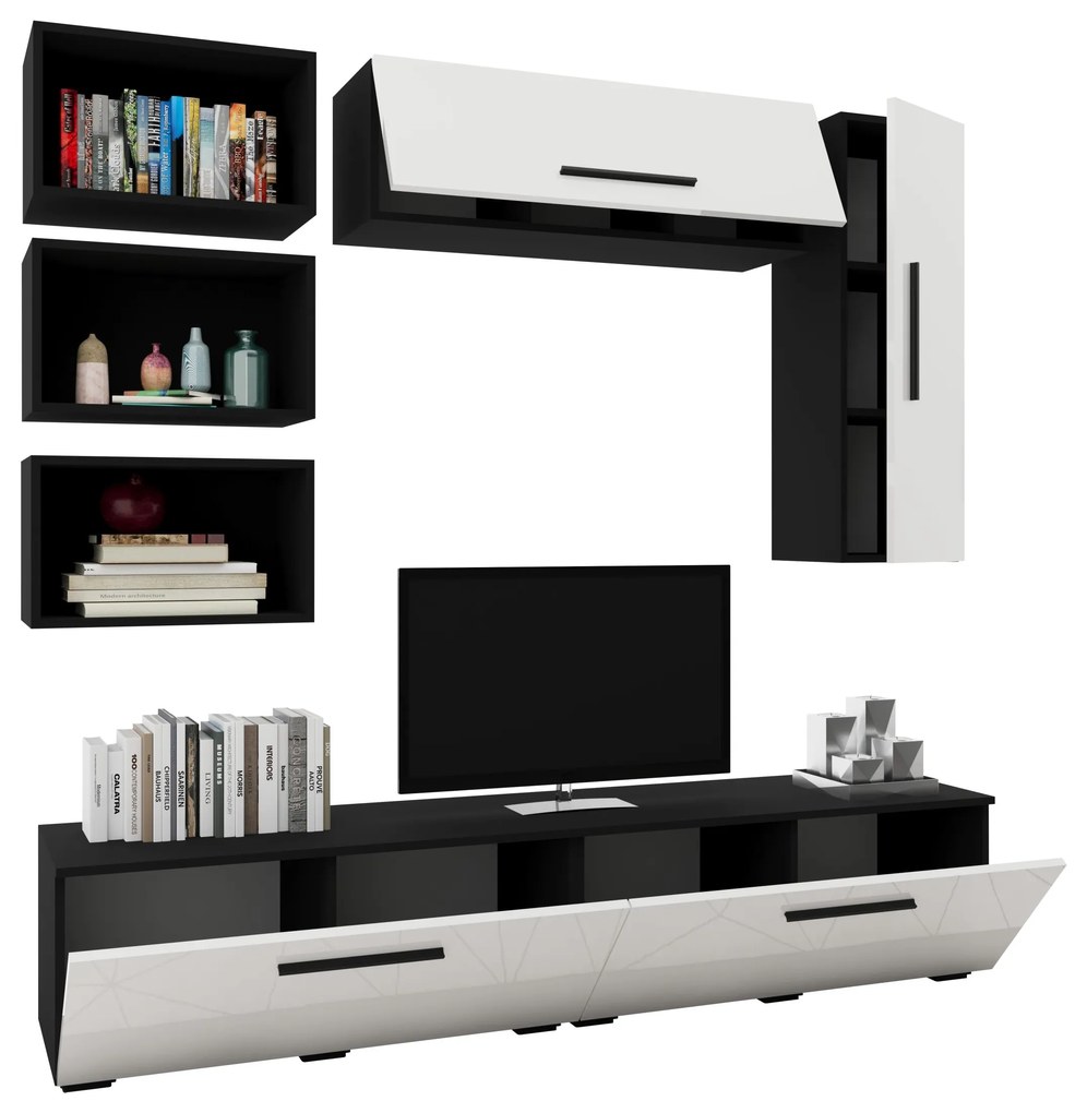 Living Kos V14, Negru/Alb Lucios, MDF, L 190 cm