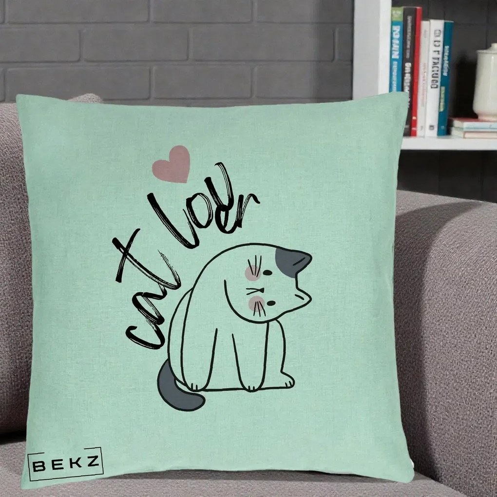 Perna Personalizata Cat Lover Pisica Ilustratie Linie, 40x40 cm, Verde Menta, Husa Detasabila, Perna Inclusa, BEKZ®