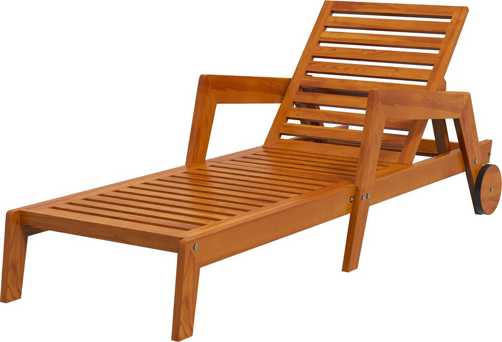 Outsunny Șezlong din lemn cu lamele cu spătar reglabil în 3 poziții cotiere 2 roți 66 x 190 x 73,5 cm | Aosom Romania