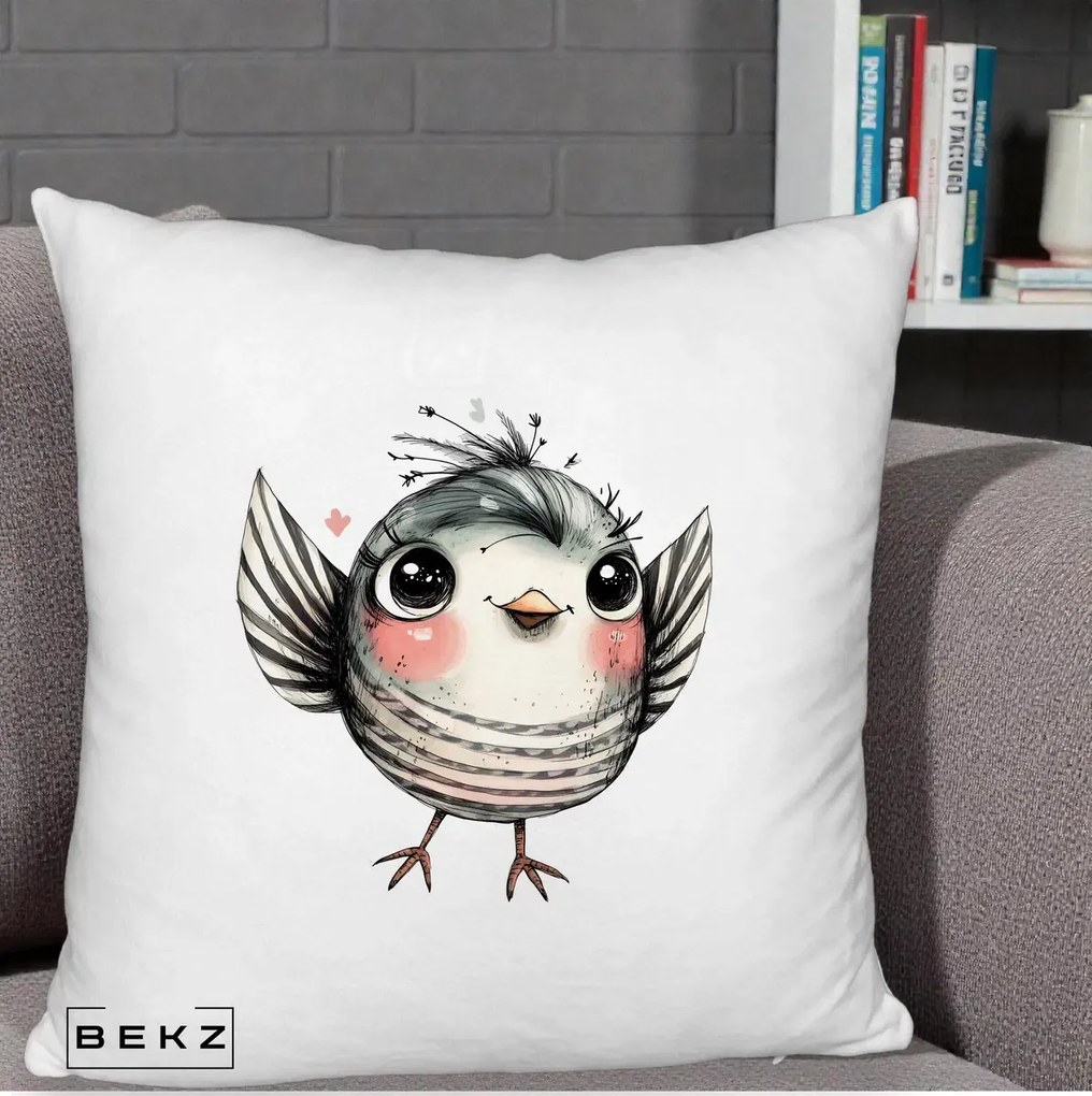 Perna Decorativa Pasare Gri cu Aripi si Inimioare, 40x40 cm, Alb Pufos, Husa Detasabila, Perna Inclusa, BEKZ®
