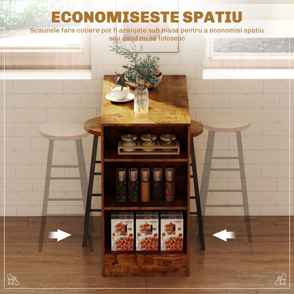 HOMCOM Set de Masă de Bar și Scaune cu Raft de Depozitare, 91x49x91 cm, Maro Rustic | Aosom Romania