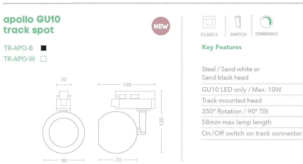 Spot directionabil pentru sina Track Project Collection, Apollo alb