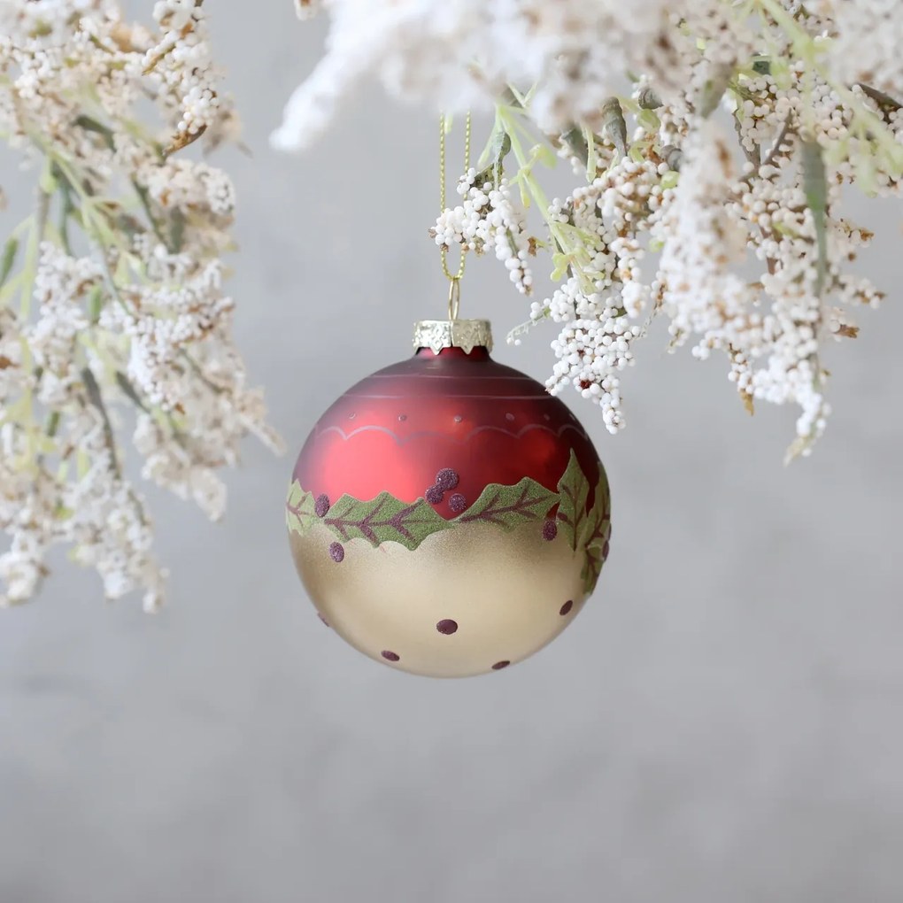 Glob de Craciun, cu frunze, pictat manual, Christmas Bauble