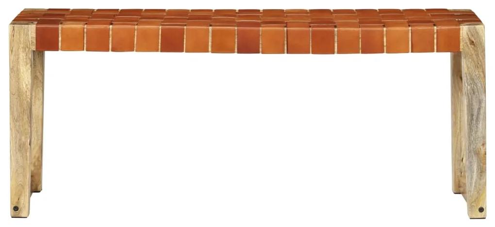 Banca, maro, 110 cm, piele naturala si lemn masiv de mango Maro, 110 x 35 x 45 cm